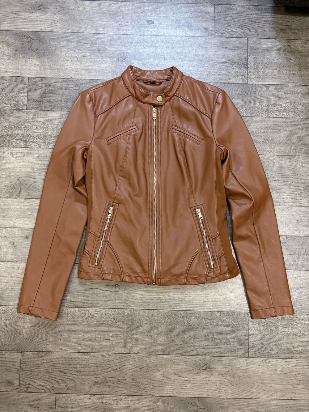 Guess Women's Cognac Brown Faux Leather Zip Moto Jacket
